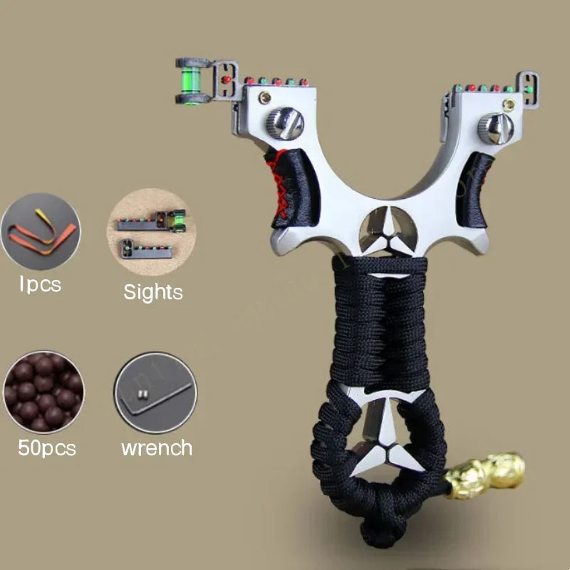 Precision outdoor hunting slingshot with laser mounted on the tip of the gun